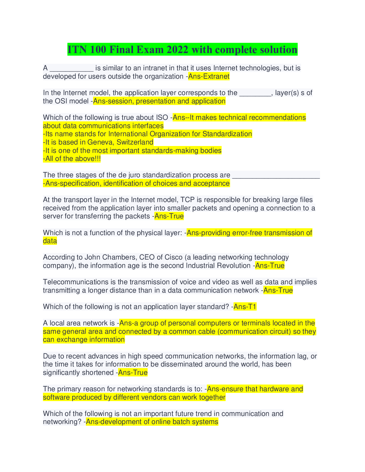 Preview image for ITN 100 Final Exam 2022 with complete solution